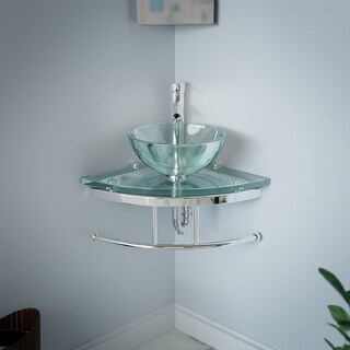 Talula 25 Inch Clear Glass Corner Vessel Sink with Faucet, Drain and Towel Bar - Renovators Supply
