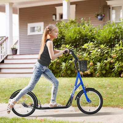 Kids Adjustable Scooter with Dual Brakes Large Rubber Wheels Textured Deck Basket and Cup Holder for Age 5 to 12
