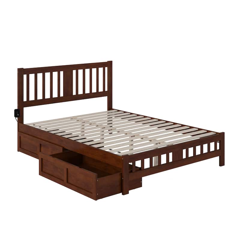 Contemporary Bed with Footboard & Drawers - Walnut Finish, Modern Cool Design, Bedroom Furniture