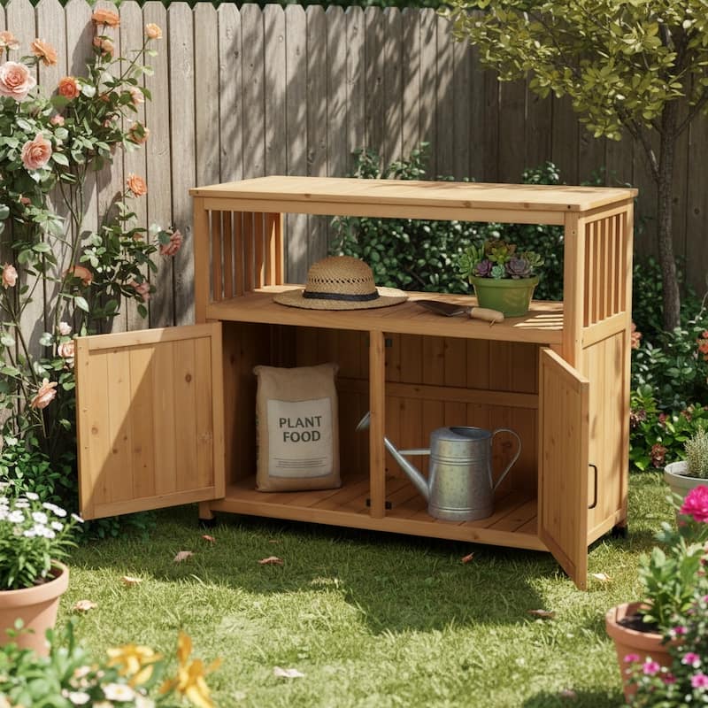 GDFStudio - Harbor Outdoor Solid Fir Wood Storage Bar Table with Slatted Design