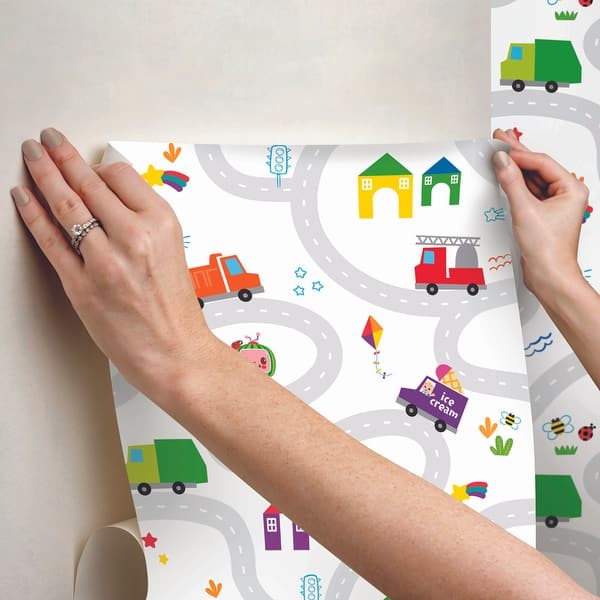 dimension image slide 0 of 2, Multicolor CoComelon Road Map Peel and Stick Wallpaper by RoomMates