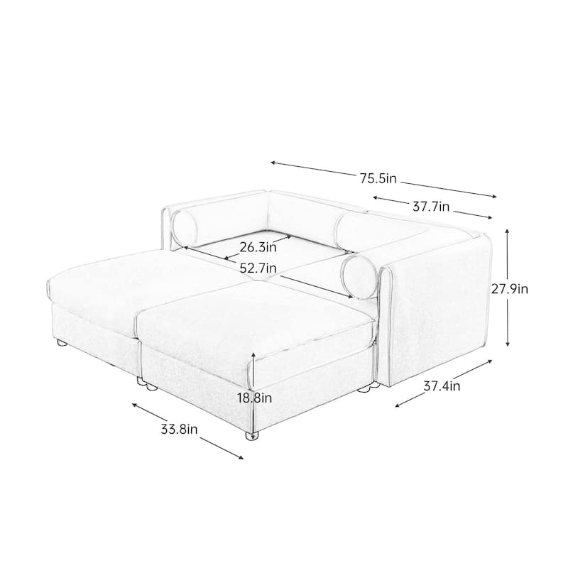75.5" 2-Seater Chenille Sofa with 2 Ottoman Storage Seats, Cylindrical Backrest and Modular Design
