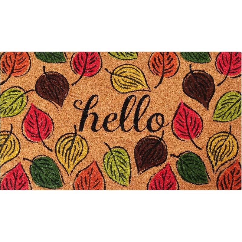 A1HC Natural Coco Coir Door Mat with Heavy Duty Non-Slip PVC Backing - 18" x 30" - Easy to Clean - Autumn Leaves Hello
