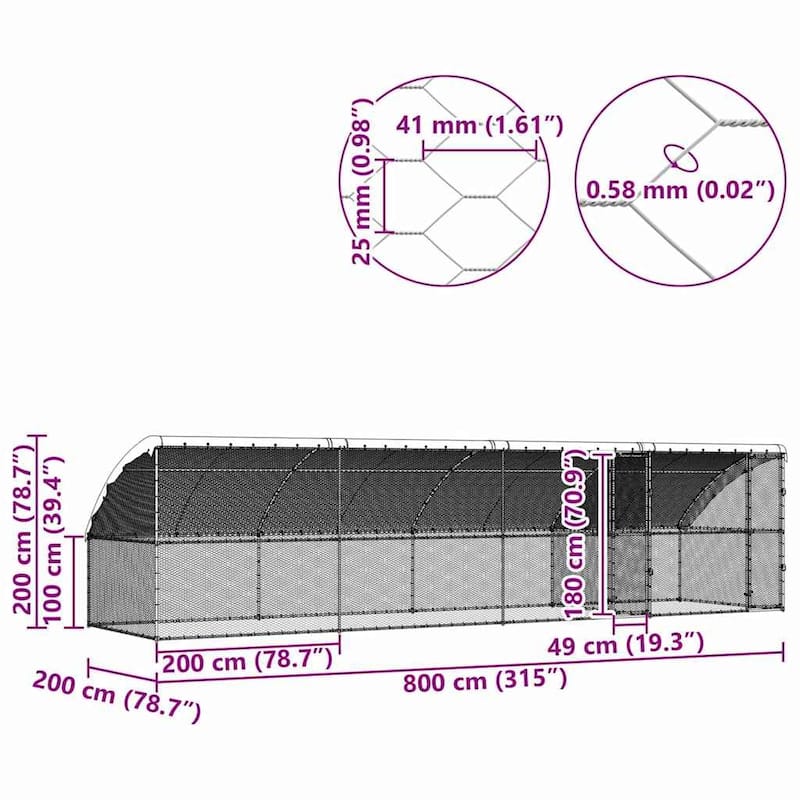 vidaXL Chicken Cage Silver 600/800 x 200 x 198.5 cm Galvanized steel