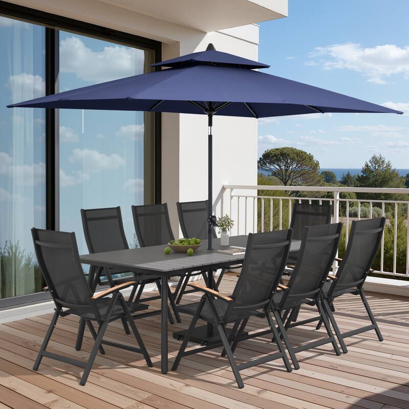 9/11-Piece Outdoor Patio Dining Set Aluminum Dining Table and Folding Chairs w/10 ft Umbrella and Base - Set of 11 - Grey Table with Navy Blue Umbrella