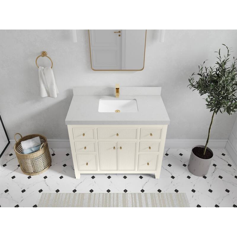 Willow Collections 42 in W x 22 in D Sonoma Free Standing Reeded Single Sink Bathroom Vanity with Countertop - 2”Carrara Quartz - Ivory