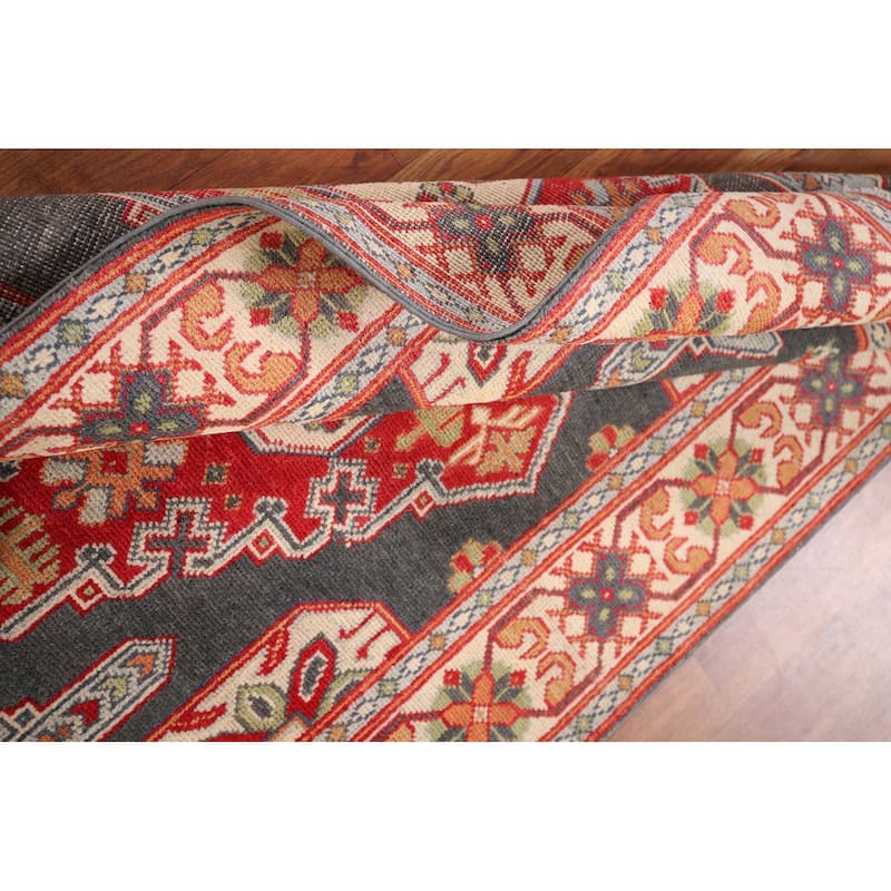 Geometric Kazak Oriental Accent Rug Handmade Grey Wool Carpet - 3'1" x 5'1"
