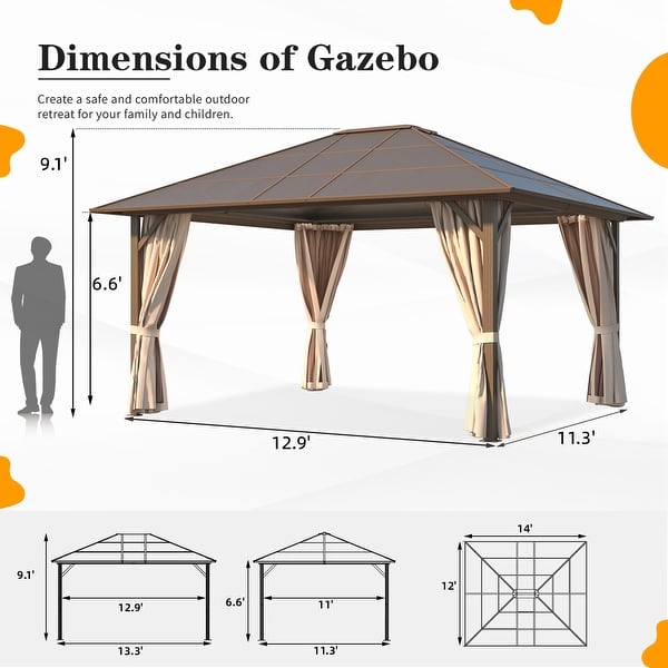 dimension image slide 5 of 16, EROMMY Hardtop Gazebo,Outdoor Pergola with Double Roof & Netting & Curtains,Heavy Duty Canopy for Patio, Backyard, Pool party