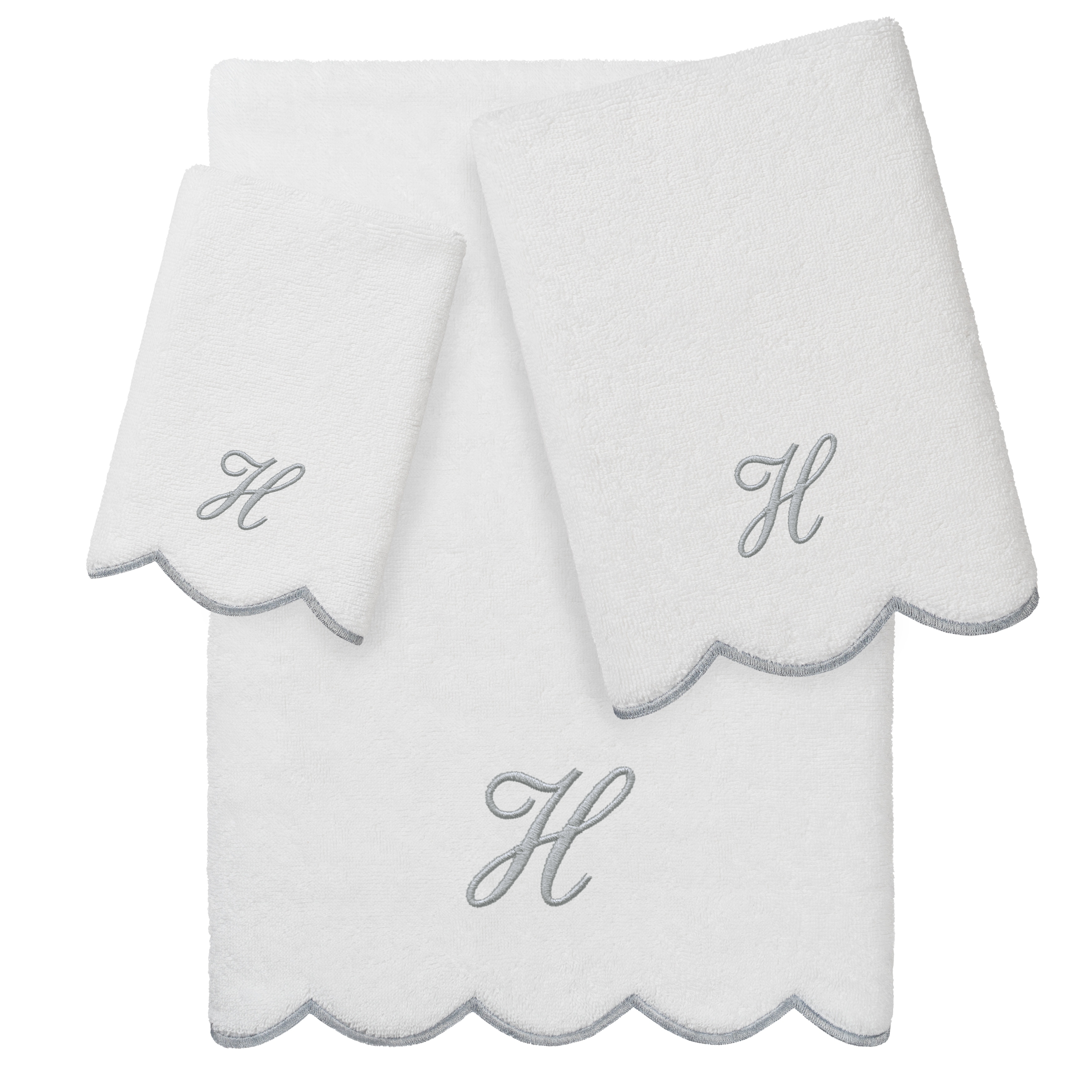 Authentic Hotel and Spa 100% Turkish Cotton Grey ADORNIA Scallop Personalized 3 Piece Towel Set - 3 Piece Set