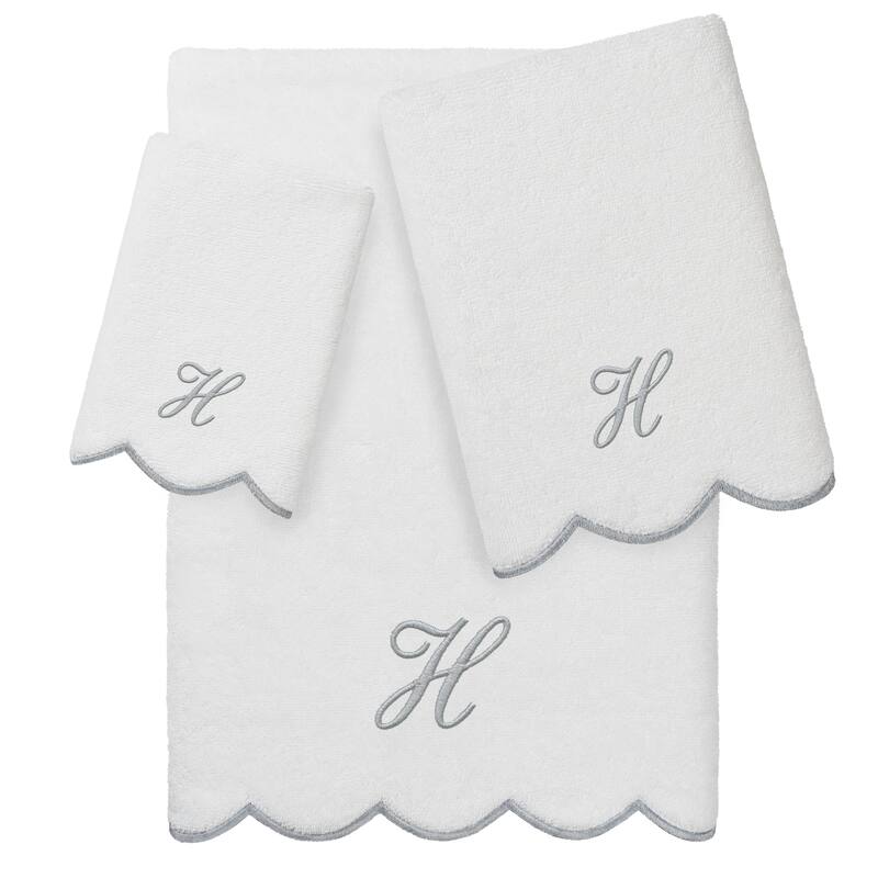 Authentic Hotel and Spa 100% Turkish Cotton Grey ADORNIA Scallop Personalized 3 Piece Towel Set - 3 Piece Set - H