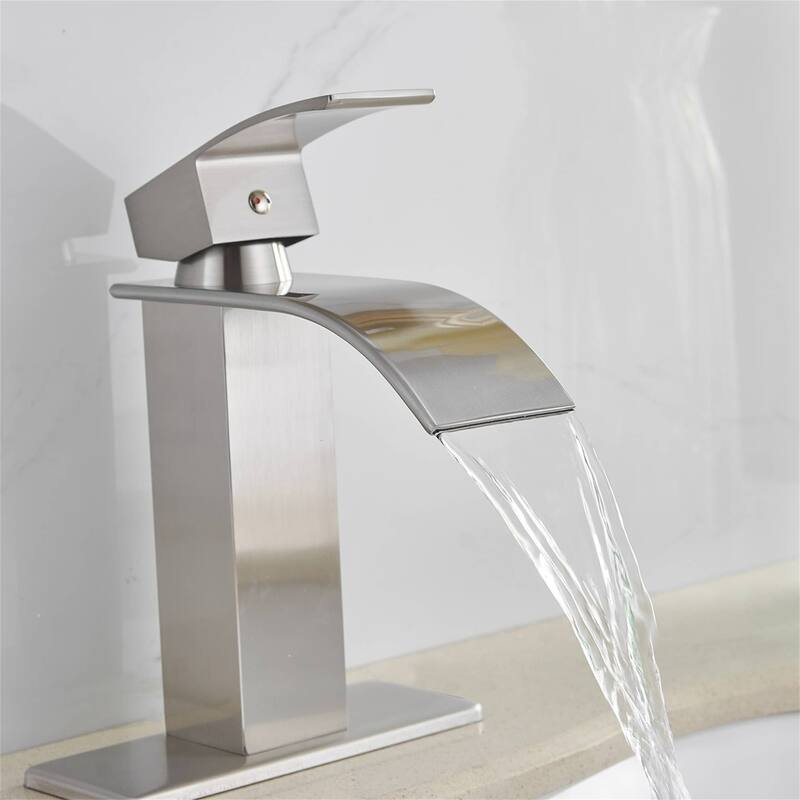 Waterfall Bathroom Faucet With Drain Assembly Single Handle Bathroom Sink Faucets 1 Hole Vanity Basin Modern Tap With Deck Plate - Brushed Nickel