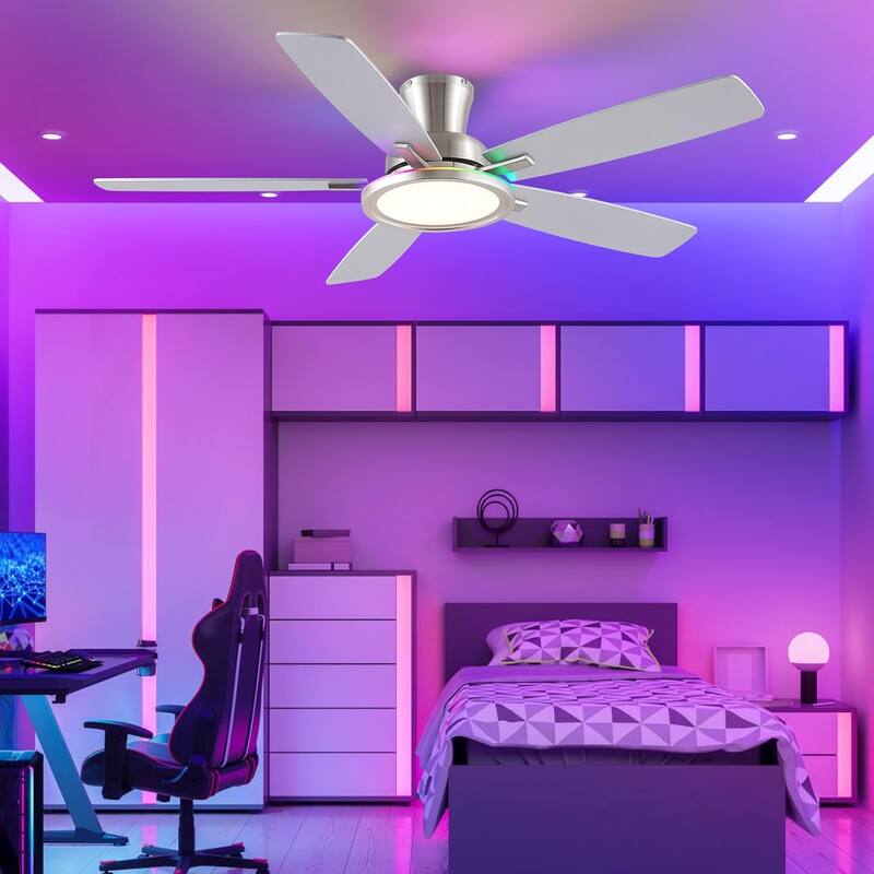 52 Inches RGB Flush Mount Ceiling Fan with Light,Reversible DC Motor for Bedroom Living Room Patio
