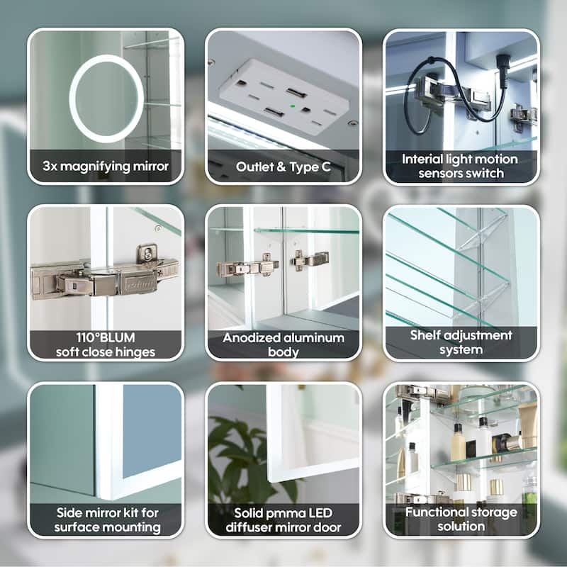 30'' H Recessed or Surface Frameless LED Mirror Cabinet With Defogger, Dimmer, Outlets & USB Ports 