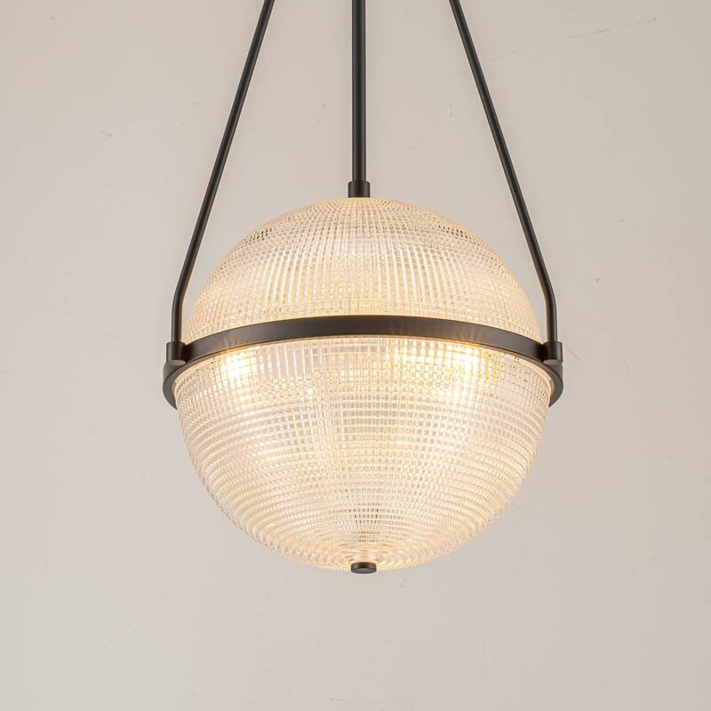 3-Light 13.78" Black/Gold Mid-Century Modern Grid Glass Globe Bubble Pendant Light - Black