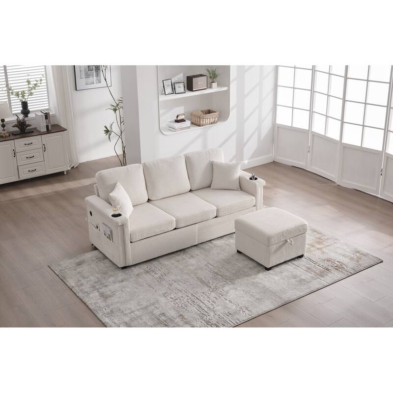 L-Shaped Sectional Sofa with Pull-Out Storage,Ottoman & Pillows 3-Seat with USB Charging,Cup Holder, Convertible Design