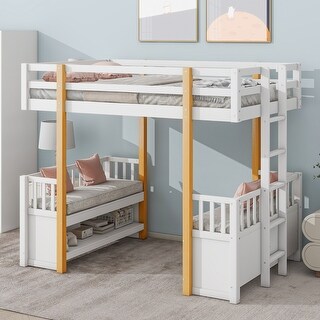 White Wood Twin Loft Bed with Seats & Ladder