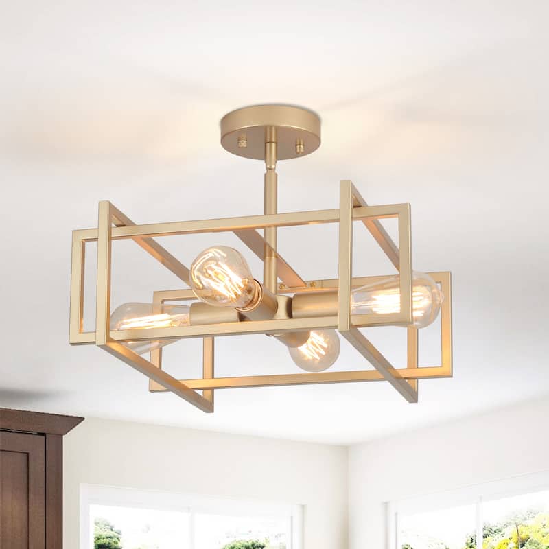 4 - Industrial Semi Flush Mount Ceiling Light Fixture - 15in - N/A - Spray Gold