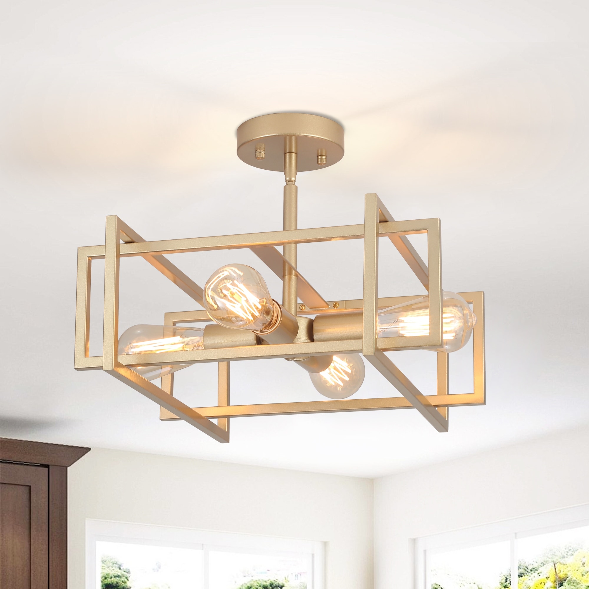 Farmhouse Industrial 4-Light Rectangle Caged Semi Flush Mount Ceiling Light