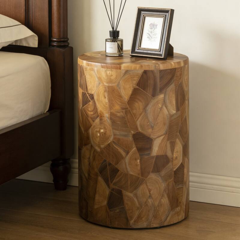 Handcrafted Chips Teak Wood Coffee Table Accent Side Table Stool - Small - Natural