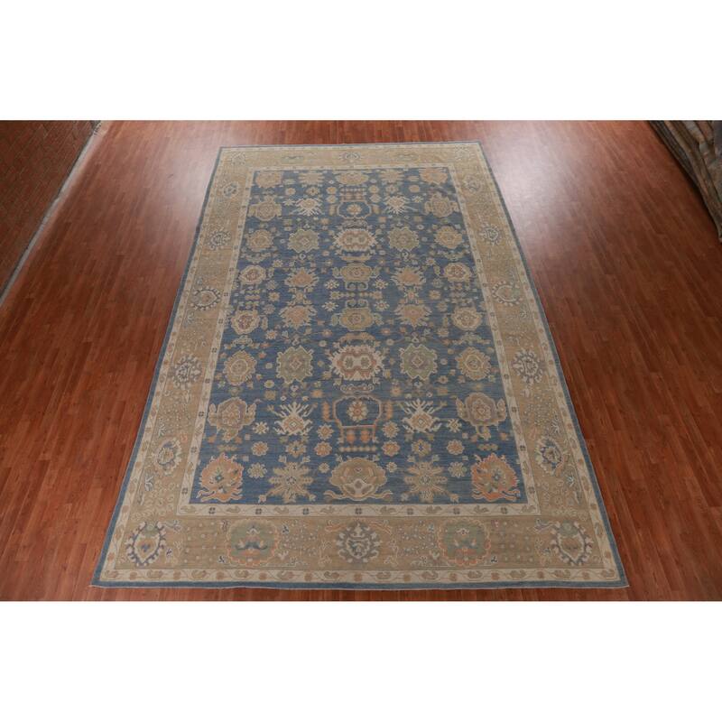 Hand Knotted Oriental 100% Wool Carpet Transitional All-Over Navy Blue & Blues Oushak Area Rug - 14' 8'' X 9' 8''