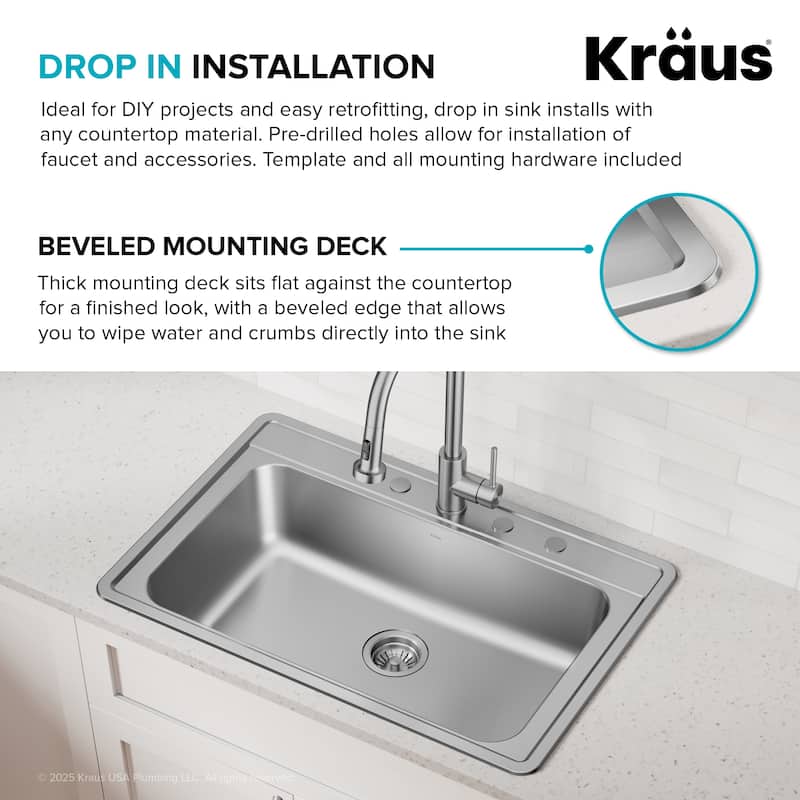 KRAUS Premier Drop In Top Mount 18 gauge Stainless Steel Kitchen Sink