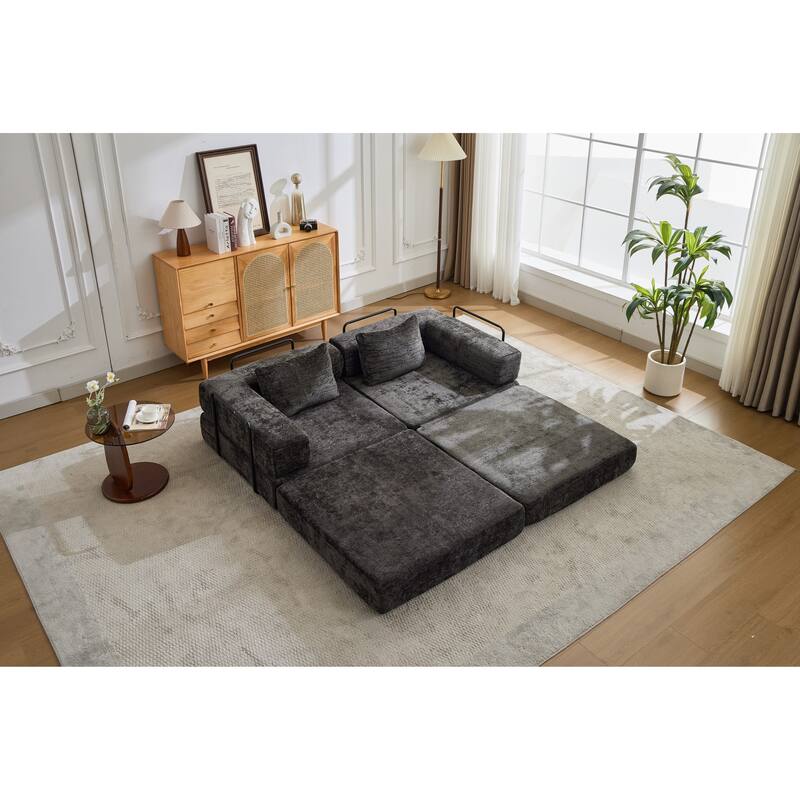 2-in-1 Foldable Sofa Bed Floor Sofa Couch with Armrests, Convertible Lounge Sofa for Living Room Bedroom