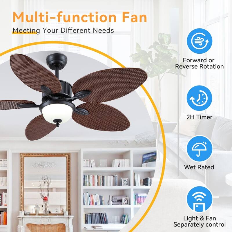 50 Inch Tropical Ceiling Fan with Palm Leaf Blades Glass Cover Remote Control Waterproof for Indoor and Outdoor Patio