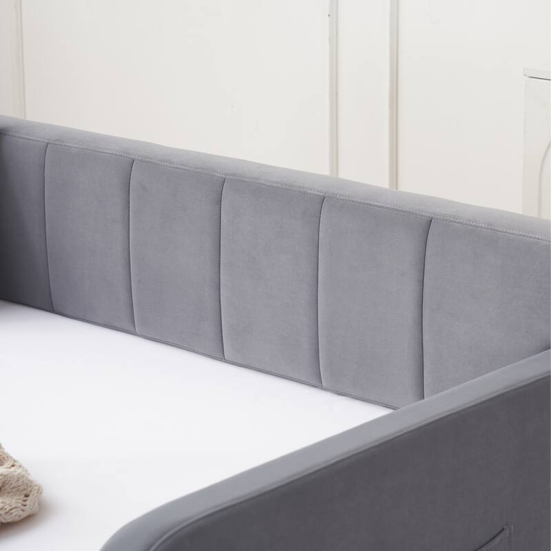 Twin Size Velvet Upholstered Daybed, Wood Sofa Bed Frame Daybed Couch with Trundle Bed and Wood Slat