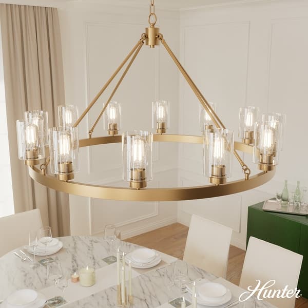 slide 2 of 12, Hunter Hartland Wagon Wheel Chandelier - Dining Room, Kitchen, Entry - Modern Farmhouse, Industrial 44" 12-Light - Alturas Gold