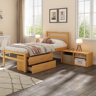 Twin Size Wood Platform Bed with Removable Shelves, 2-Storage Drawers, Natural