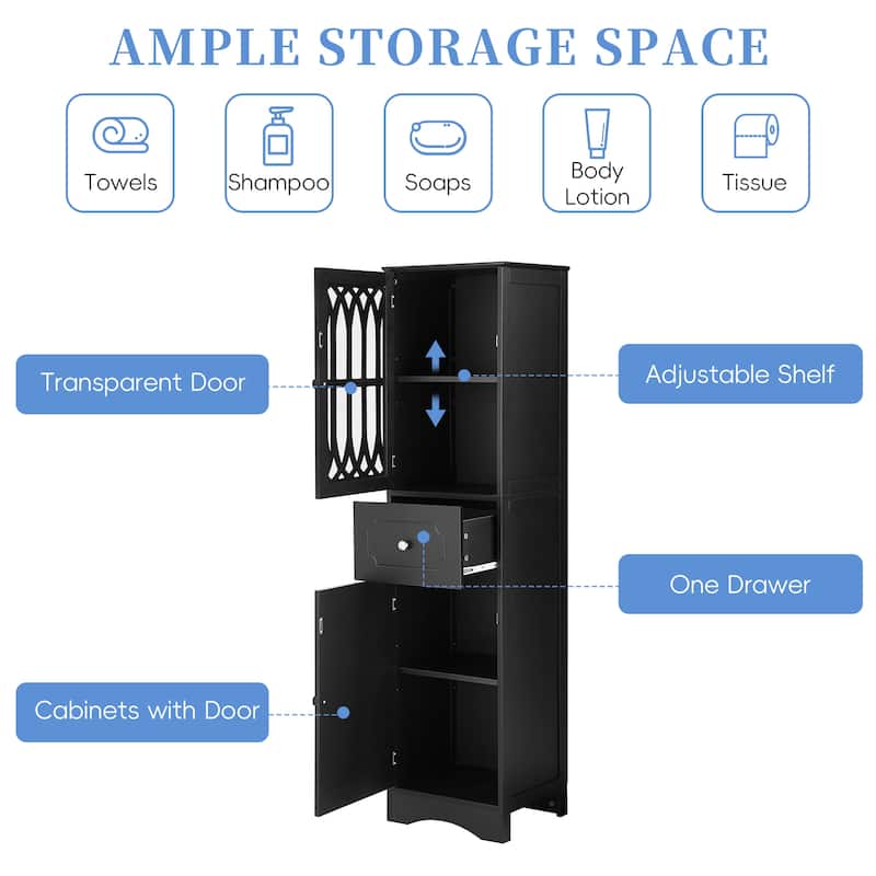 Roomfitters Tall Bathroom Cabinet with Drawer Doors Adjustable Shelf and Acrylic Panels Freestanding MDF Structure