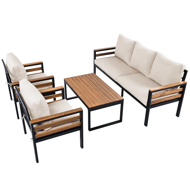 Roomfitters 4-Piece Outdoor Patio Furniture Set with 3-Seater Sofa, 2 Armchairs and Coffee Table, Wood Accents