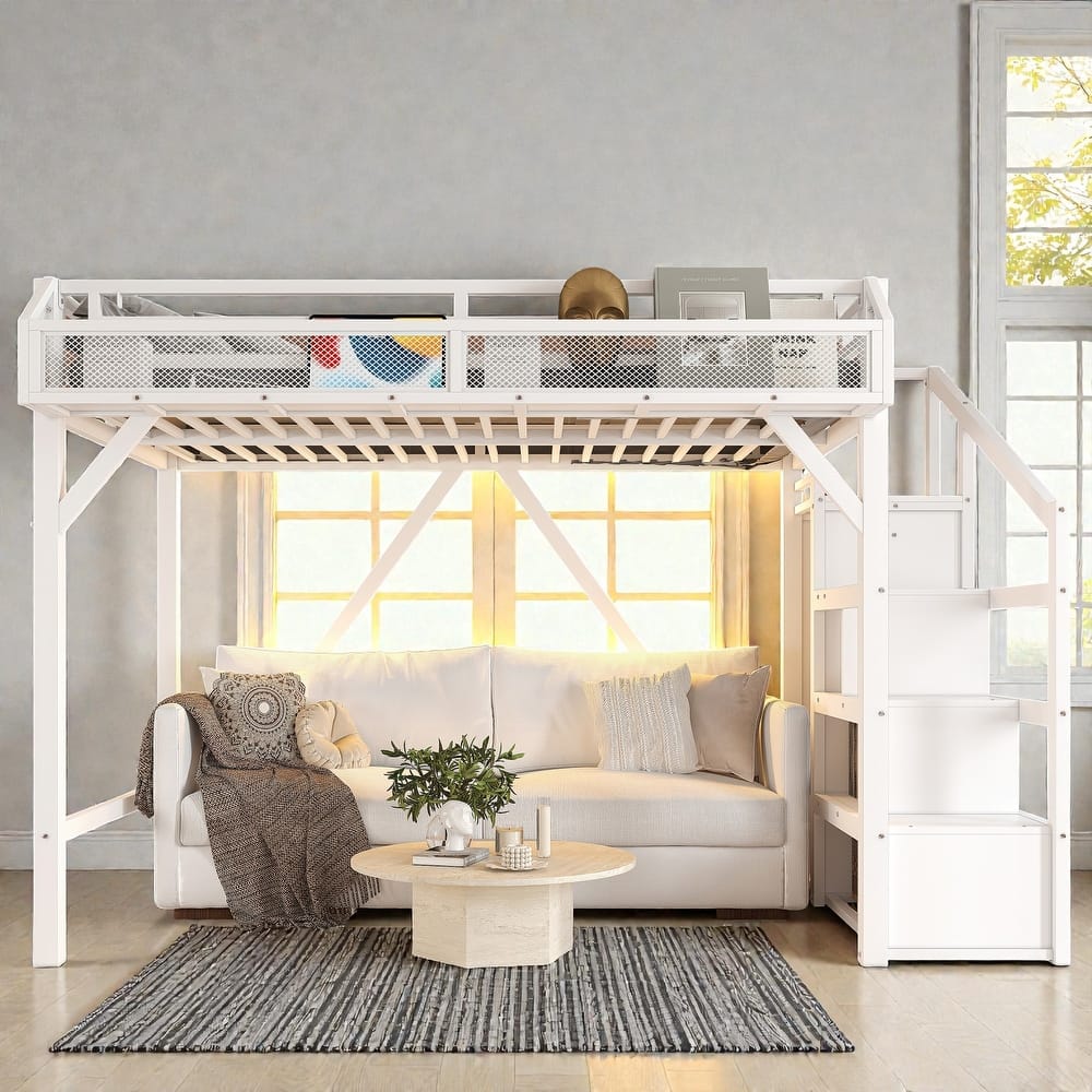 Metal Loft Bed with Storage Stairs, Wardrobe and Shelves, USB Ports and LED Lights, Noise Reduced Frame