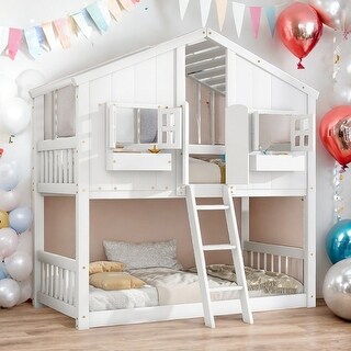 Twin over Twin Wood House Roof Bunk Bed with Roof, Window, Window Box and Door, with Safety Guardrails and Ladder