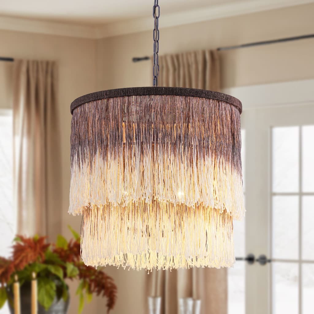 17.7" 3-Light Bohemian Farmhouse Purple Round Hand-made Cotton Fringe Tiered Hanging Chandelier Living Room,Bedroom