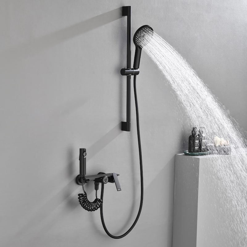 Modern Matte Black Wall Mounted Bathtub Faucet Shower System - 9.65*27.2 - Black
