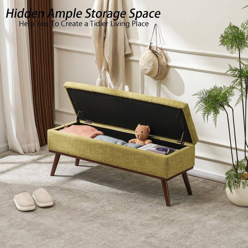 Linen Storage Ottoman Bench with Wood Legs, Upholstered Entryway Bench Tufted Mid Century Modern Ottoman Bedroom End of Bed