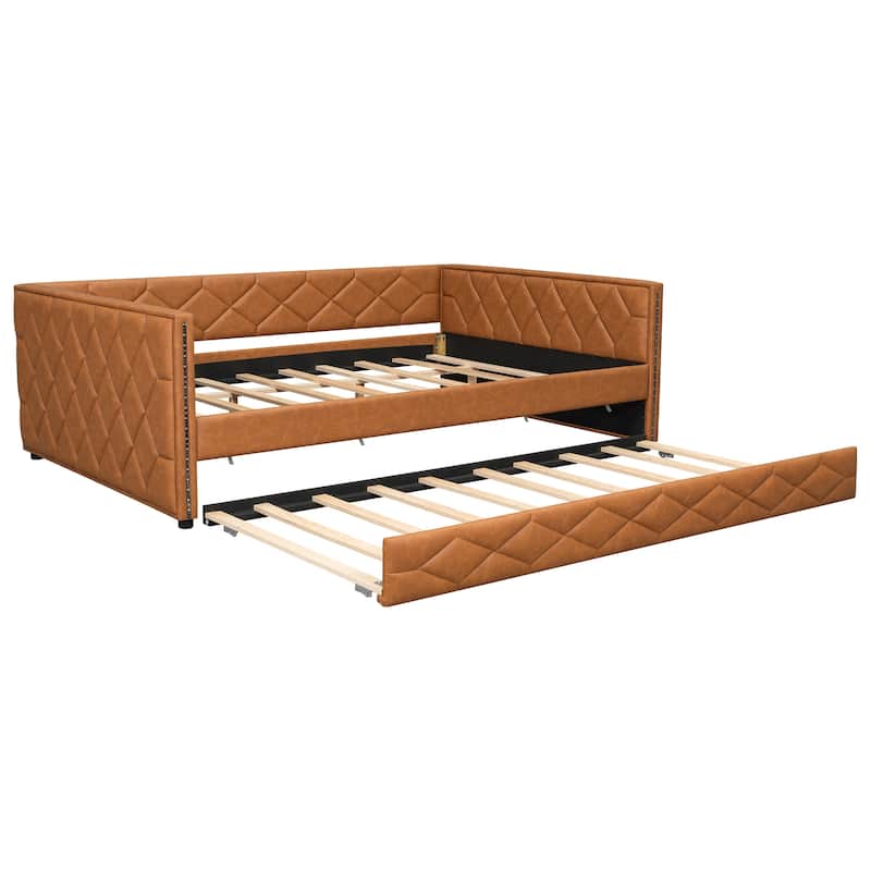 Full XL Size Upholstered Daybed with Trundle Bed and LED Armrests, Rhombic Blocks Frame Sofa Bed, U-shape Bed Frame
