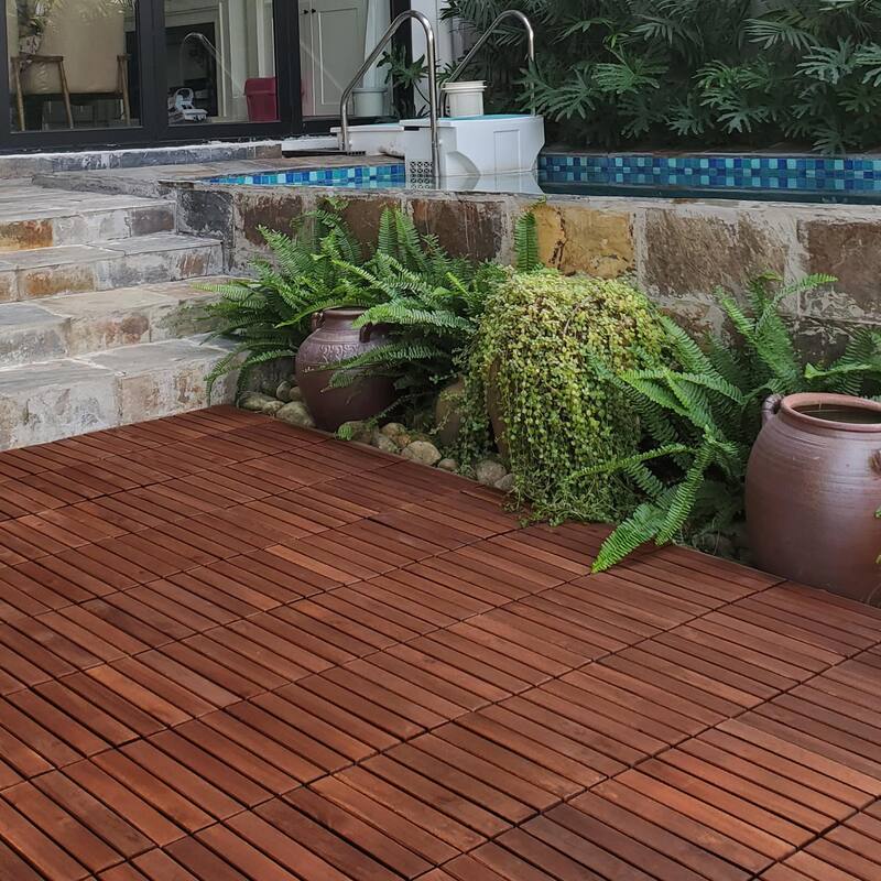 10 PCS Interlocking Deck Tiles Striped Pattern, 12" x 12" Square Acacia Hardwood Outdoor Flooring for Patio,Bancony,Pool Side