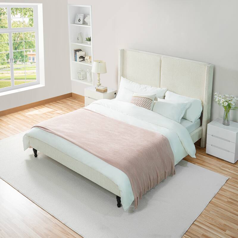 Queen Size Bed Frame with 55.5"High Back Upholstered Boucle Fabric Headboard