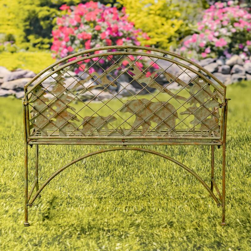 Round Top Bench with Grizzly Bear & Mountain Silhouette "Yellowstone" - 43.7" L x 20.47" W x 38.58" H