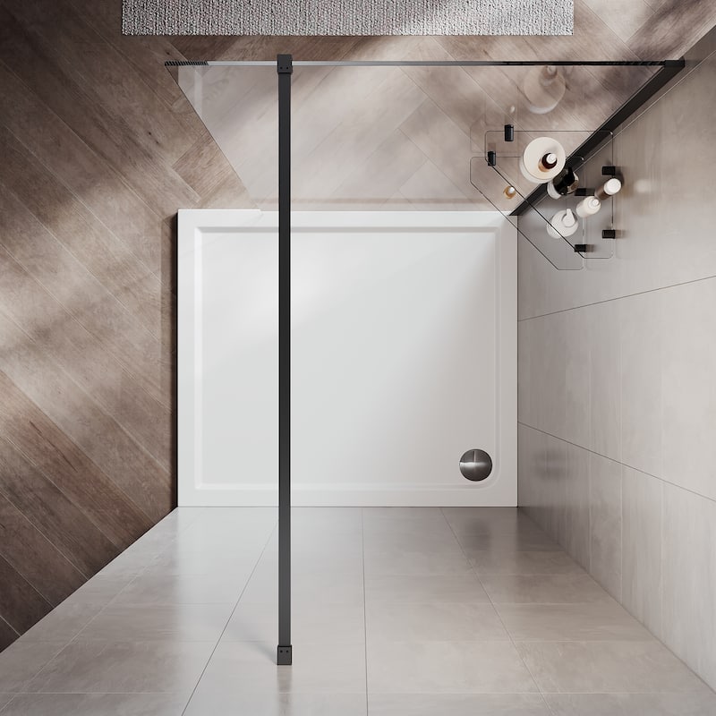 Elegant Frameless Fixed Glass Panel Shower Door 74inch High with 5/16inch Clear Tempered Glass with 2 Corner Shelves