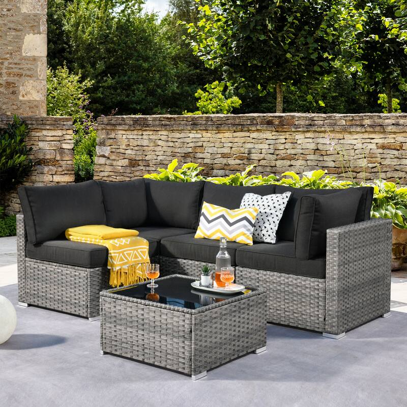 HOOOWOOO Patio 5-piece Wicker Sectional Sofa Set with Coffee Table - Black