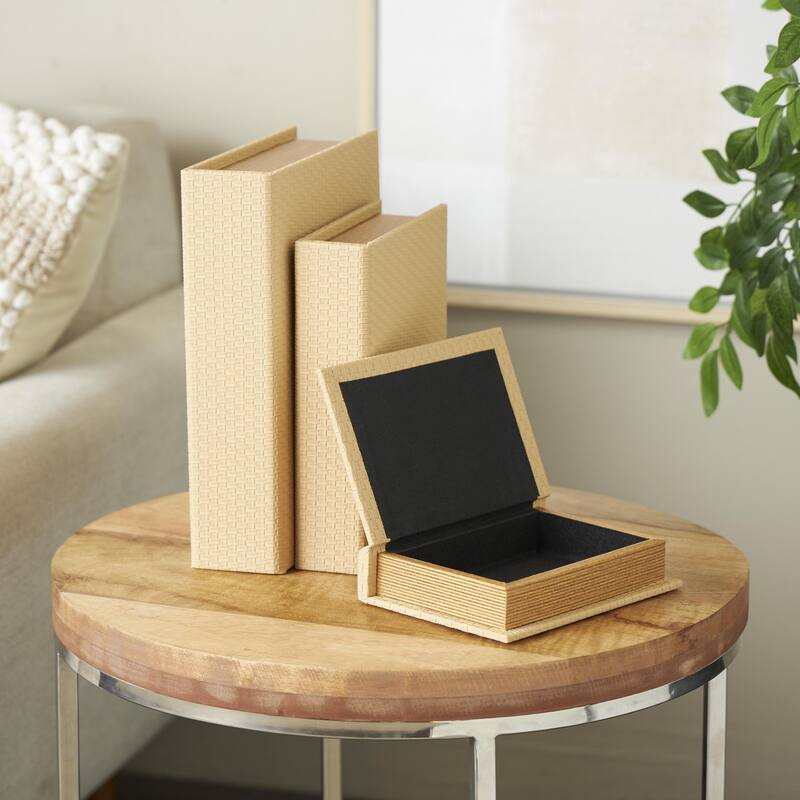Cream, Black, Copper, Beige or Brown Faux Leather Woven Faux Book Storage Decorative Box (Set of 3)