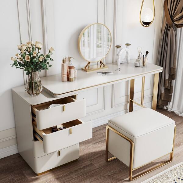 slim fit dress slacks FurnitureR Marble Top Vanity Desk with Round Mirror, Gold Metal Frame