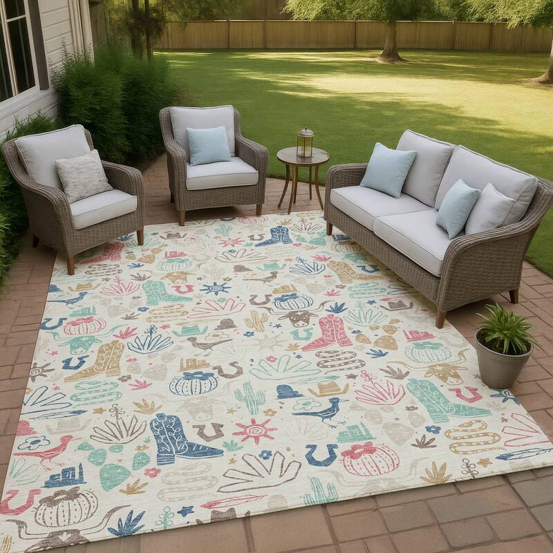 Machine Washable Indoor/ Outdoor Modern Ranch Chantille Rug - Linen - 5' x 7'6"