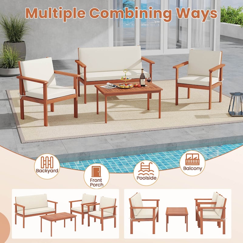 Costway 4/8 PCS Acacia Wood Conversation Set with Seat & Back Cushions
