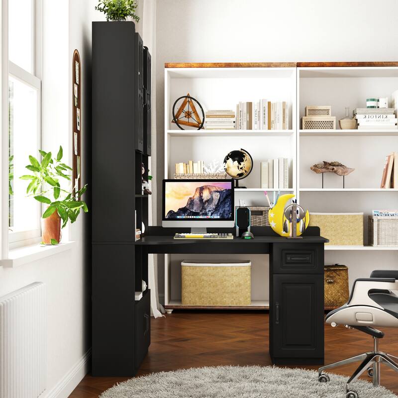 Roomfitters L-Shaped Corner Computer Desk with Hutch, Drawers & Bookshelf, 2-in-1 Home Office Study Table