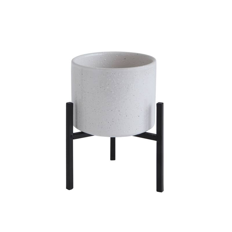 White Stoneware Flower Pot with Black Metal Stand - White