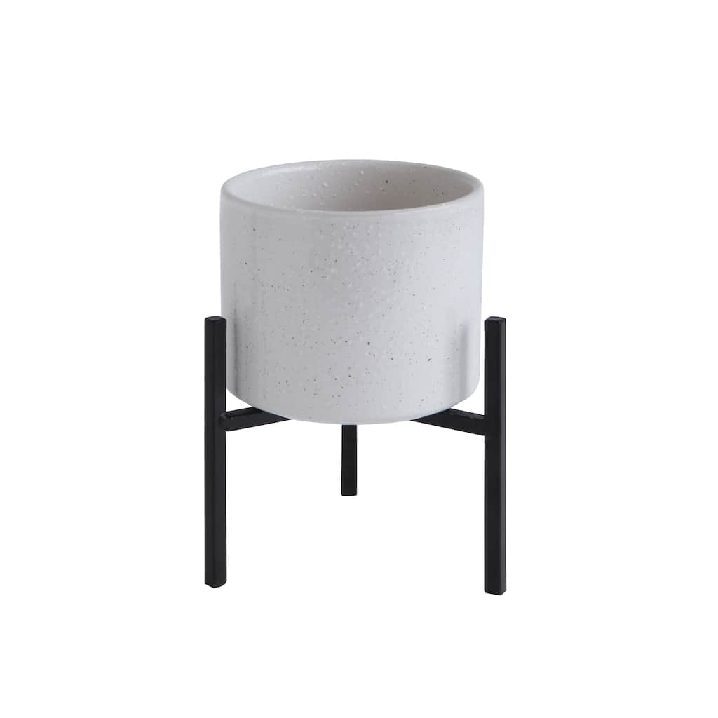 White Stoneware Flower Pot with Black Metal Stand